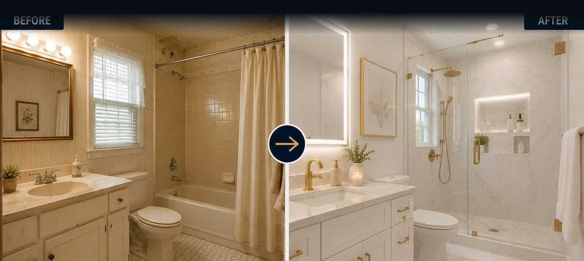 Bathroom before and after restoration