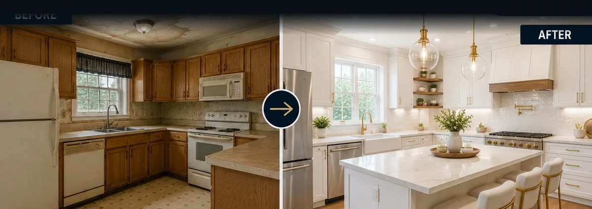 Kitchen before and after water damage restoration